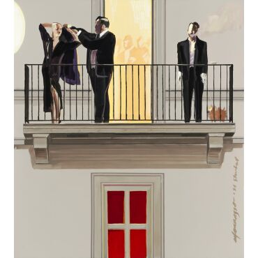 Marek Okrassa, „Balkon. Płaszcz” to obraz olejny na płótnie